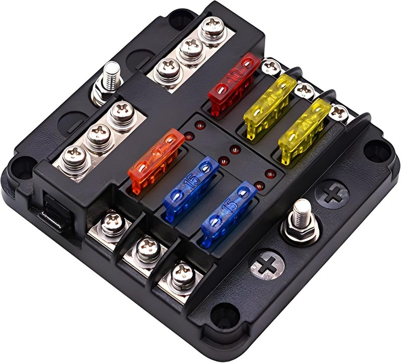 femedo 12 Volt Fuse Block, Waterproof 6 Way Fuse Box with 6 Ground Negative Busbar for Automotive[100 Amp Max] [LED Indicator] for Car Golf Cart Boat Marine RV DC 12-24V - Image 1
